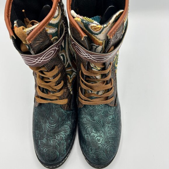 Womens Size 43 Bohemian-Style Mid-Calf Lace-Up Boots With Embossed Floral Design - Picture 7 of 10